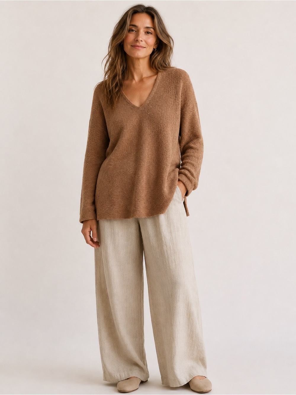 EILEEN FISHER LIGHTWEIGHT ORGANIC LINEN BLEND TUNIC SWEATER TAUPE BROWN SZ L